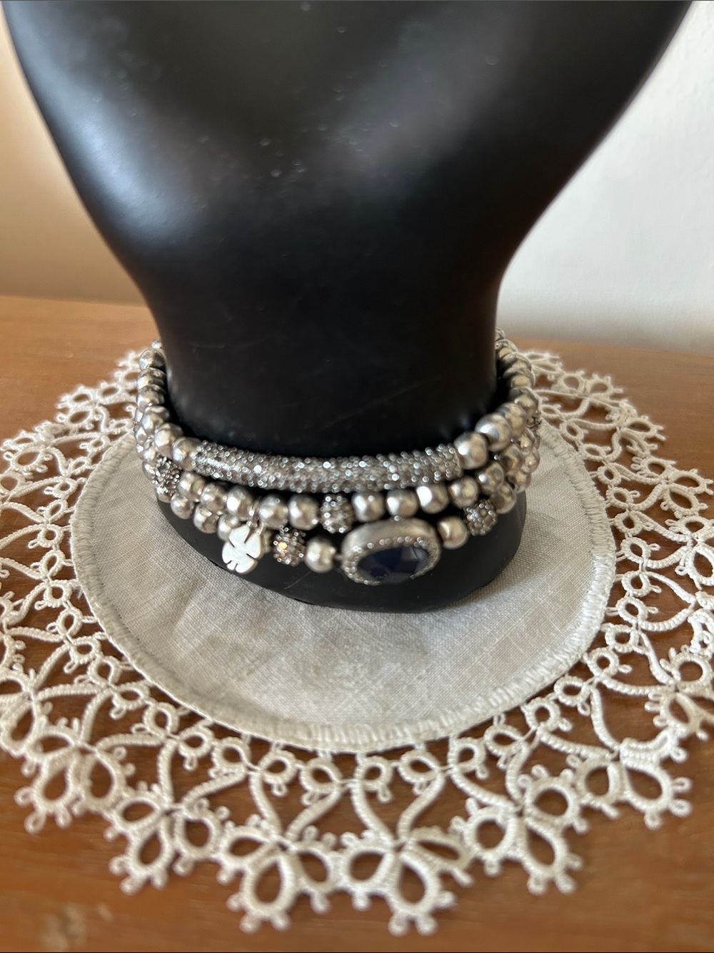 Silver Beaded Stretch Bracelet Stack with Blue Stone Accent, set of 3
